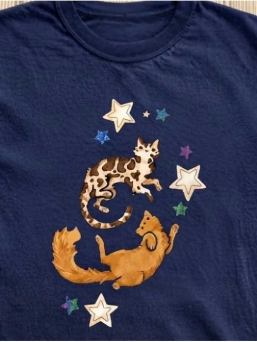 Cute Cats Celestial Stars Watercolor Aesthetic T-Shirt - Picture 2 of 4